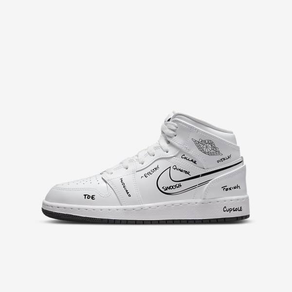 Kids\' Nike Air Jordan 1 Mid Older Sneakers White / Black | NK921MUS