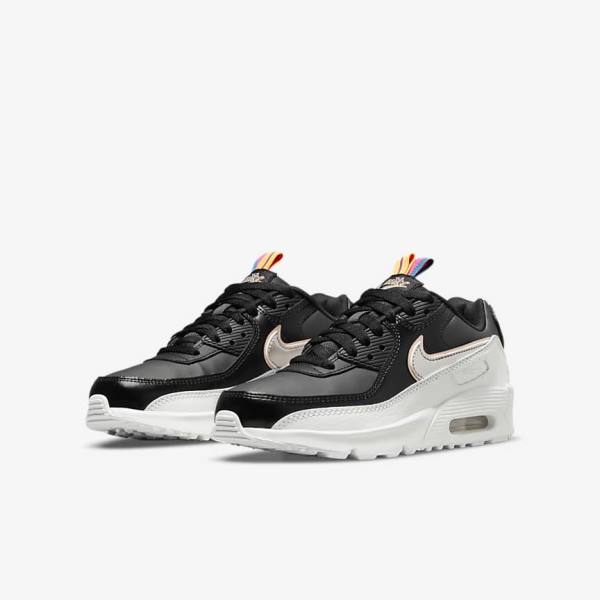 Kids' Nike Air Max 90 LTR SE Older Sneakers Black / White / Metal Blue Grey | NK517BOM