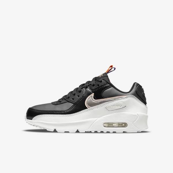 Kids\' Nike Air Max 90 LTR SE Older Sneakers Black / White / Metal Blue Grey | NK517BOM