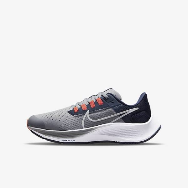 Kids\' Nike Air Zoom Pegasus 38 Older Road Running Shoes Grey / Navy / Orange / White | NK792BUD