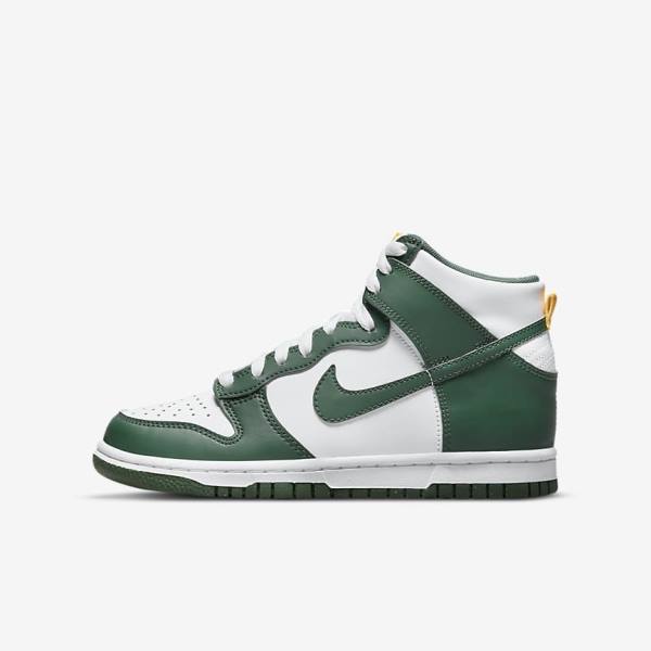 Kids\' Nike Dunk High Older Sneakers Green / Gold / White | NK187SDZ