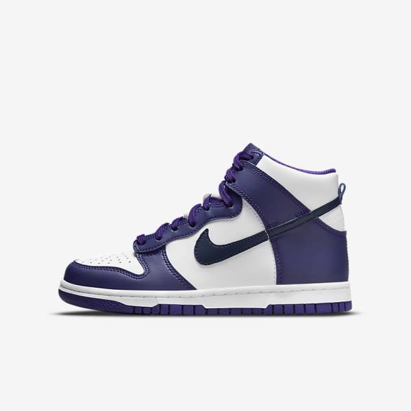 Kids\' Nike Dunk High Older Sneakers White / Purple / Navy | NK564RJW