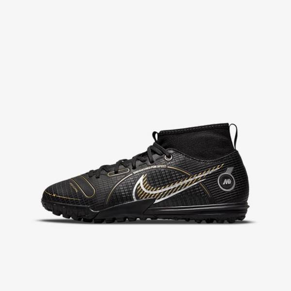 Kids\' Nike Jr. Mercurial Superfly 8 Academy TF Older Turf Football Shoes Black / Metal Silver / Grey / Metal Gold | NK139BJV