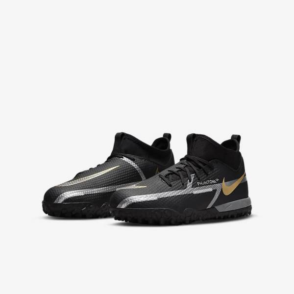 Kids' Nike Jr. Phantom GT2 Academy Dynamic Fit TF Older Turf Football Shoes Black / Metal Gold / Dark Grey / Metal Dark Grey | NK745MNK