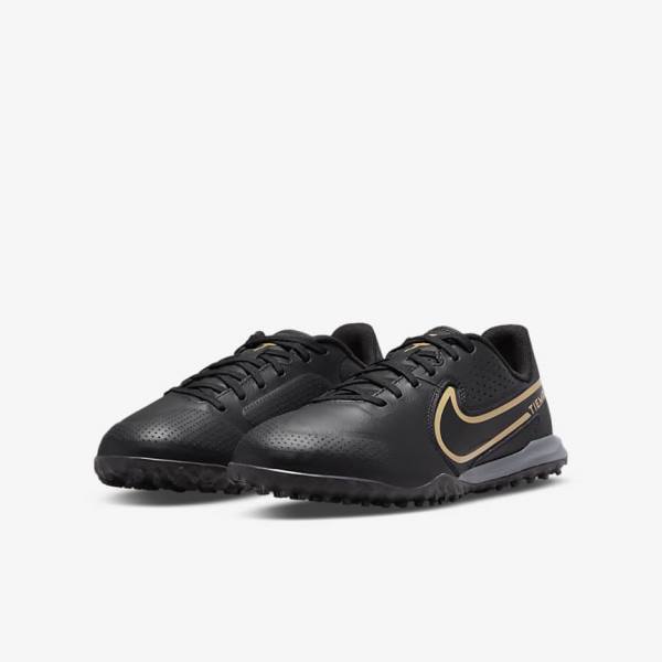 Kids' Nike Jr. Tiempo Legend 9 Academy TF Older Turf Football Shoes Black / Dark Grey / Metal Gold / Black | NK506EMQ