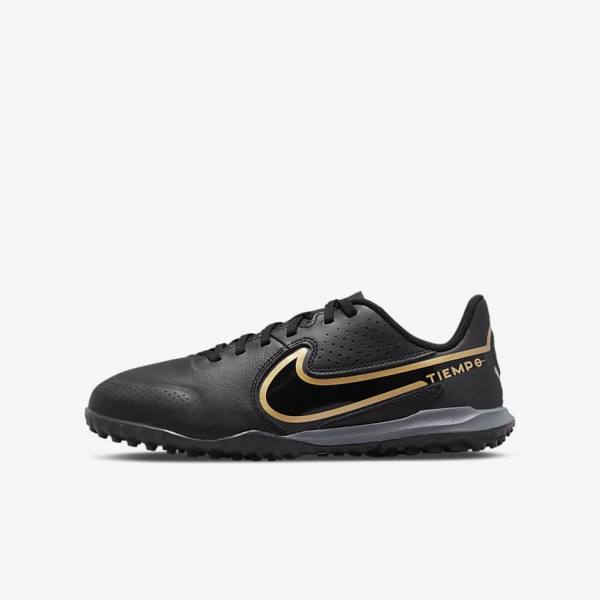 Kids\' Nike Jr. Tiempo Legend 9 Academy TF Older Turf Football Shoes Black / Dark Grey / Metal Gold / Black | NK506EMQ