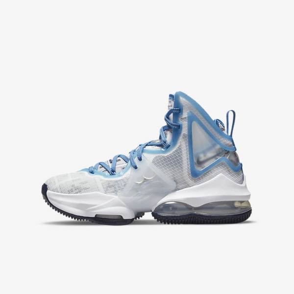 Kids\' Nike LeBron 19 Older Basketball Shoes White / Blue | NK194QUK