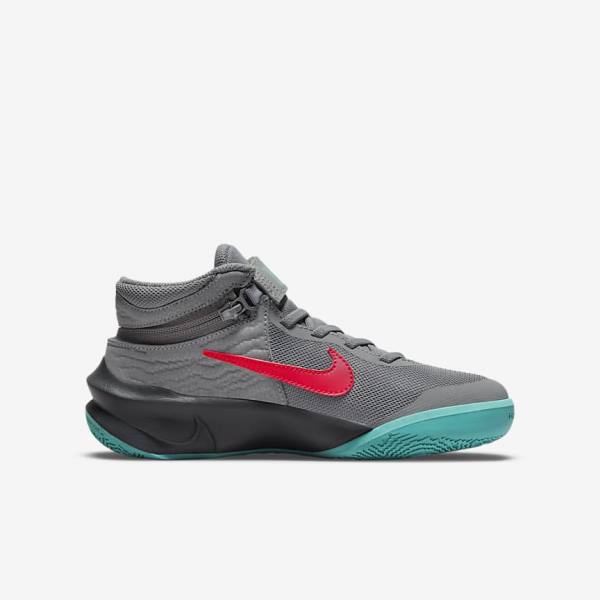 Kids' Nike Team Hustle D 10 FlyEase Older Basketball Shoes Grey / Dark Grey / Turquoise / Red | NK157GQE