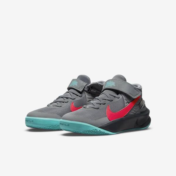 Kids' Nike Team Hustle D 10 FlyEase Older Basketball Shoes Grey / Dark Grey / Turquoise / Red | NK157GQE