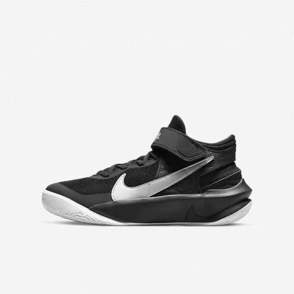 Kids\' Nike Team Hustle D 10 FlyEase Older Basketball Shoes Black / White / Metal Silver | NK791OKB