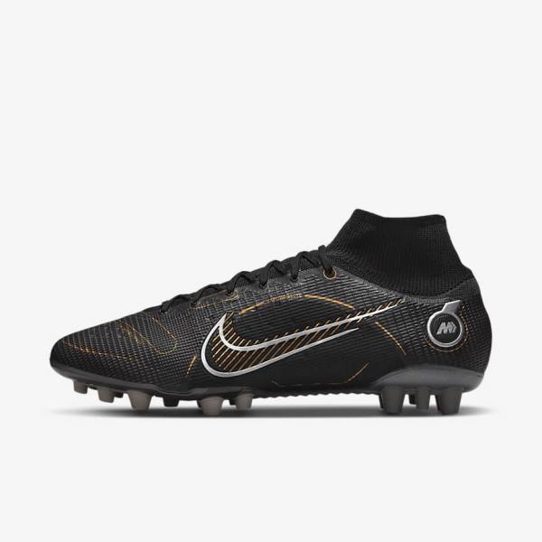 Men\'s Nike Mercurial Superfly 8 Elite AG Artificial-Grasss Football Shoes Black / Metal Silver / Grey / Metal Gold | NK735QZG