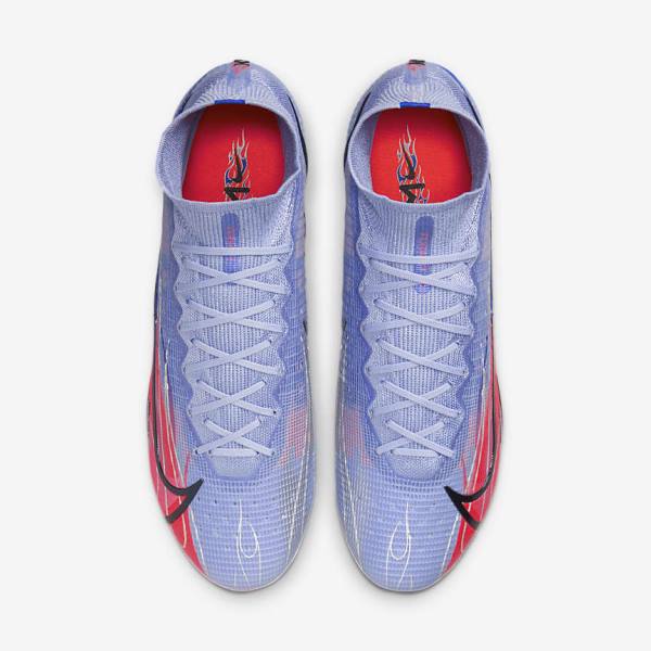 Men's Nike Mercurial Superfly 8 Elite KM AG Artificial-Grass Football Shoes Indigo / Light Red / Metal Silver | NK074MOC