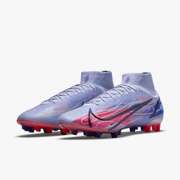 Men's Nike Mercurial Superfly 8 Elite KM AG Artificial-Grass Football Shoes Indigo / Light Red / Metal Silver | NK074MOC