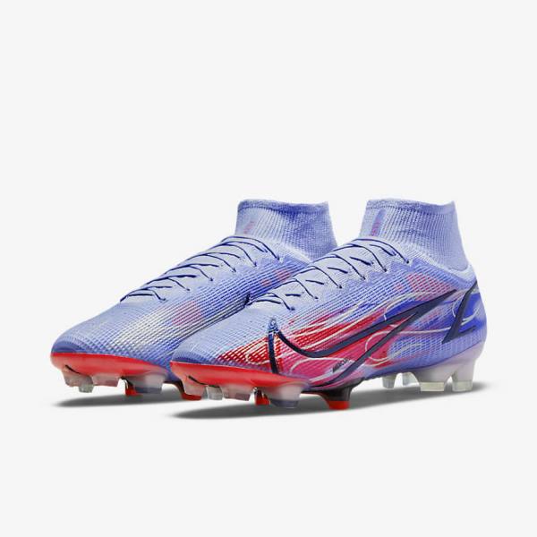 Men's Nike Mercurial Superfly 8 Elite KM FG Firm-Ground Football Shoes Indigo / Light Red / Metal Silver | NK843EKW