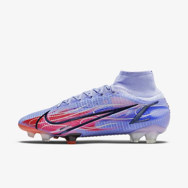 Men\'s Nike Mercurial Superfly 8 Elite KM FG Firm-Ground Football Shoes Indigo / Light Red / Metal Silver | NK843EKW