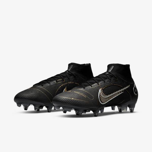 Men's Nike Mercurial Superfly 8 Elite SG-PRO Anti-Clog Traction Soft-Ground Football Shoes Black / Metal Silver / Grey / Metal Gold | NK198EDG