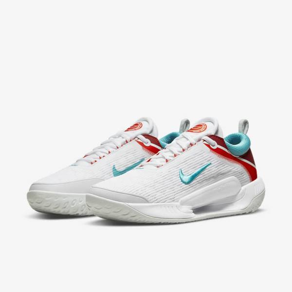 Men's Nike NikeCourt Zoom NXT Hard Court Tennis Shoes White / Light Silver / Red / Turquoise | NK362FHI