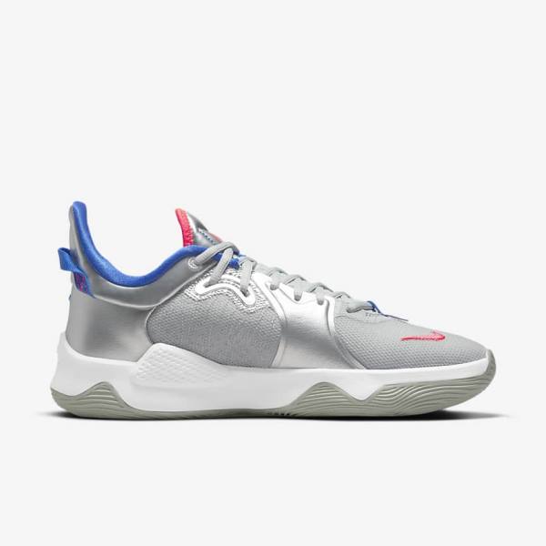 Men's Nike PG 5 Basketball Shoes Metal Silver / Royal / Red | NK192FWL