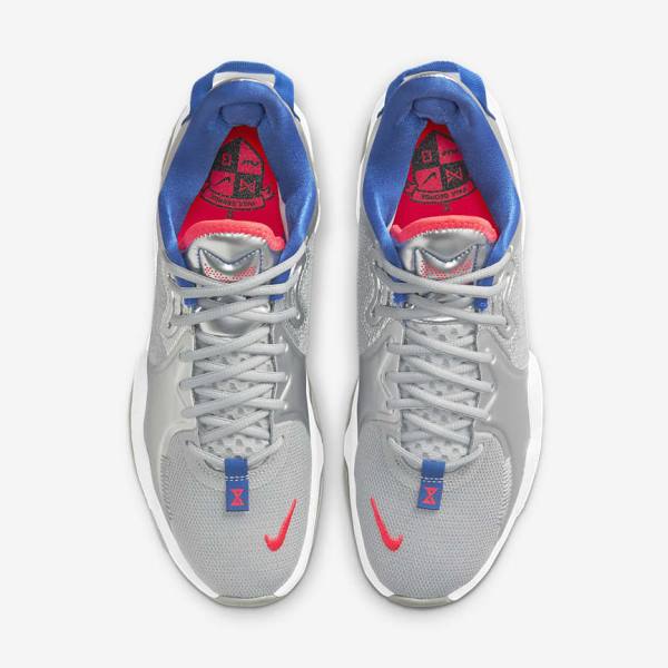 Men's Nike PG 5 Basketball Shoes Metal Silver / Royal / Red | NK192FWL