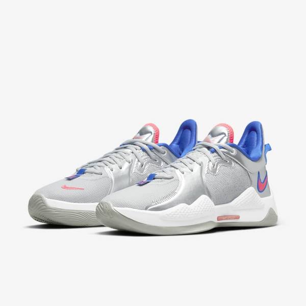 Men's Nike PG 5 Basketball Shoes Metal Silver / Royal / Red | NK192FWL