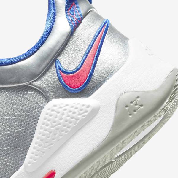 Men's Nike PG 5 Basketball Shoes Metal Silver / Royal / Red | NK192FWL