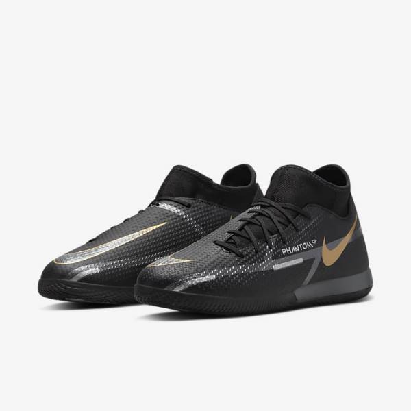 Men's Nike Phantom GT2 Academy Dynamic Fit IC Indoor Court Football Shoes Black / Metal Gold / Dark Grey / Metal Dark Grey | NK368COD