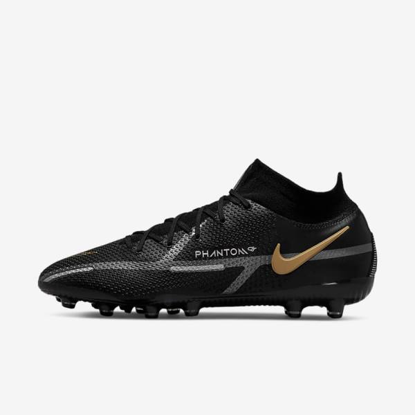 Men\'s Nike Phantom GT2 Dynamic Fit Elite AG-Pro Artificial-Grass Football Shoes Black / Metal Gold / Metal Silver / Metal Dark Grey | NK476KAH