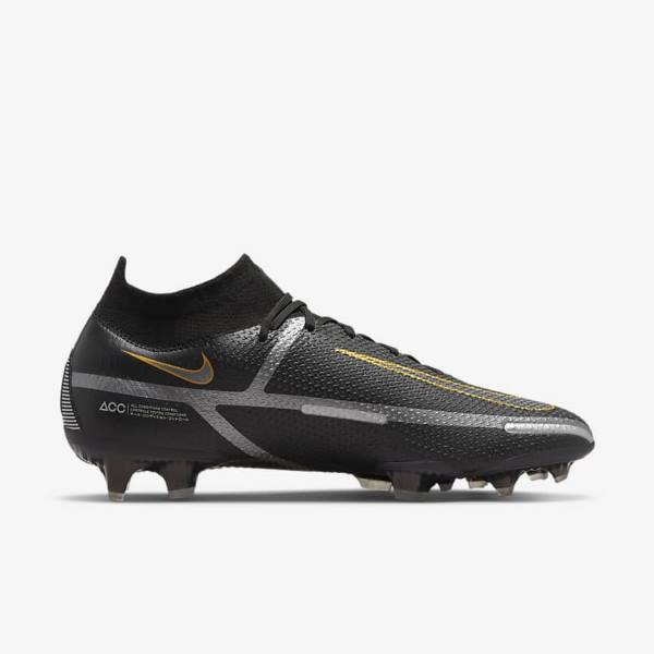 Men's Nike Phantom GT2 Dynamic Fit Elite FG Firm-Ground Football Shoes Black / Metal Gold / Metal Silver / Metal Dark Grey | NK628ABS