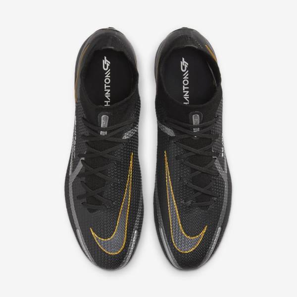 Men's Nike Phantom GT2 Dynamic Fit Elite FG Firm-Ground Football Shoes Black / Metal Gold / Metal Silver / Metal Dark Grey | NK628ABS