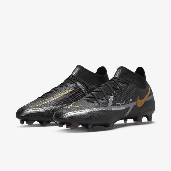 Men's Nike Phantom GT2 Dynamic Fit Elite FG Firm-Ground Football Shoes Black / Metal Gold / Metal Silver / Metal Dark Grey | NK628ABS