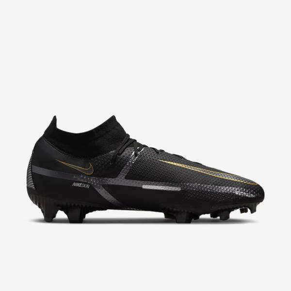 Men's Nike Phantom GT2 Pro Dynamic Fit FG Firm-Ground Football Shoes Black / Metal Gold / Metal Silver / Metal Dark Grey | NK019BPN