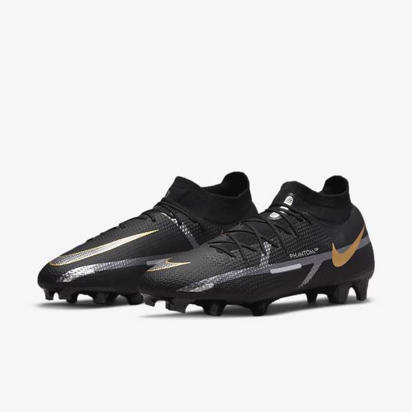 Men's Nike Phantom GT2 Pro Dynamic Fit FG Firm-Ground Football Shoes Black / Metal Gold / Metal Silver / Metal Dark Grey | NK019BPN