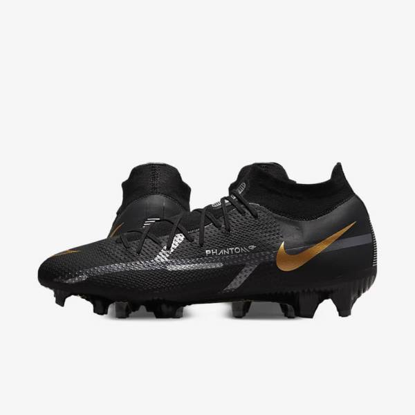 Men's Nike Phantom GT2 Pro Dynamic Fit FG Firm-Ground Football Shoes Black / Metal Gold / Metal Silver / Metal Dark Grey | NK019BPN