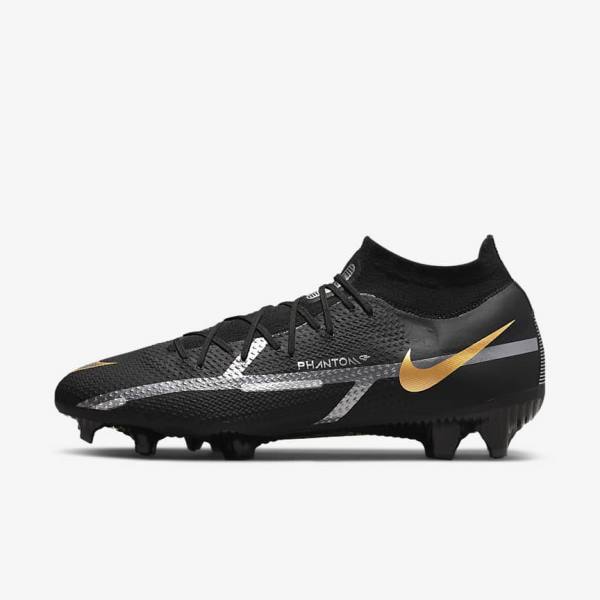 Men\'s Nike Phantom GT2 Pro Dynamic Fit FG Firm-Ground Football Shoes Black / Metal Gold / Metal Silver / Metal Dark Grey | NK019BPN