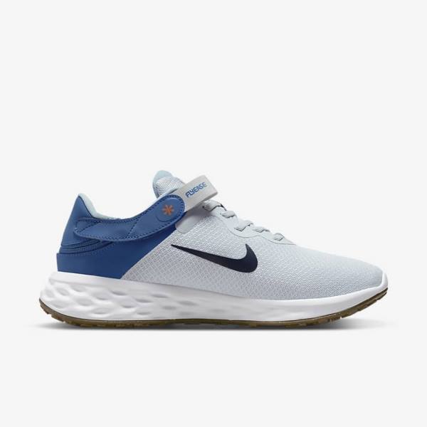 Men's Nike Revolution 6 FlyEase Next Nature Easy-On-And-Off Road (Extra Wide) Running Shoes Platinum / Dark Blue / Blue | NK283JBF