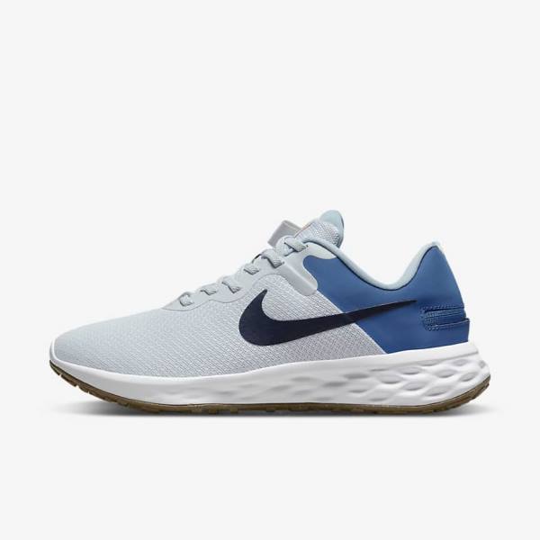 Men\'s Nike Revolution 6 FlyEase Next Nature Easy-On-And-Off Road (Extra Wide) Running Shoes Platinum / Dark Blue / Blue | NK283JBF