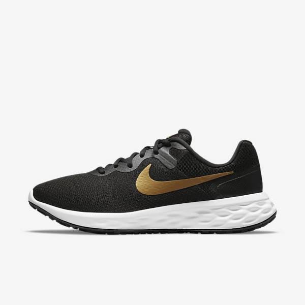 Men\'s Nike Revolution 6 Next Nature Road Running Shoes Black / White / Metal Gold | NK421NFH