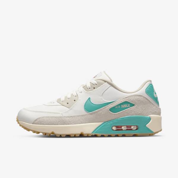 Women\'s Nike Air Max 90 G Golf Shoes White / Light Brown / Turquoise | NK530VDI