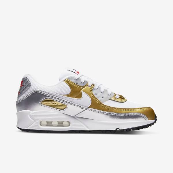 Women's Nike Air Max 90 SE Sneakers White / Metal Gold / Metal Silver / White | NK750MKS