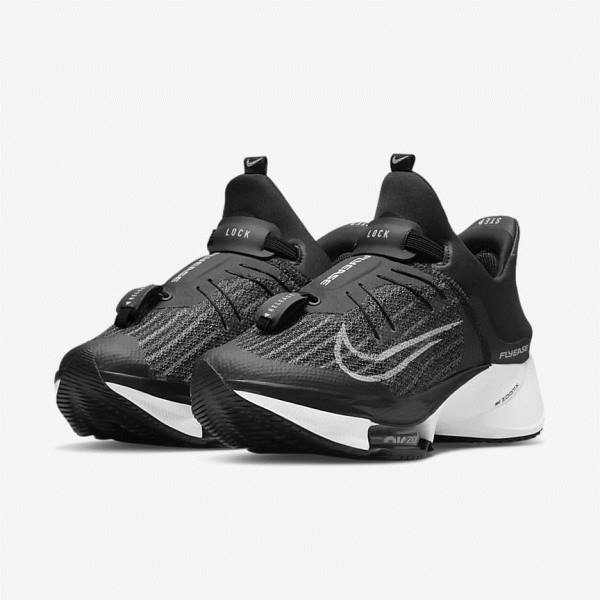 Women's Nike Air Zoom Tempo NEXT% FlyEase Easy On-Off Road Running Shoes Black / White | NK412GMT