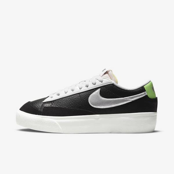 Women\'s Nike Blazer Platform Sneakers Black / White / Green / Metal Silver | NK015QDB