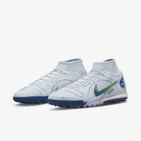 Women's Nike Mercurial Superfly 8 Academy TF Turf Football Shoes Grey / Light Blue / Dark Blue | NK568NAI