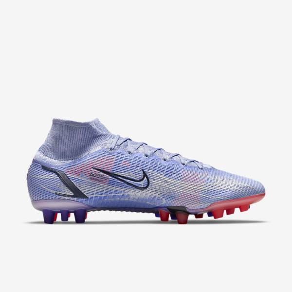 Women's Nike Mercurial Superfly 8 Elite KM AG Artificial-Grass Football Shoes Indigo / Light Red / Metal Silver | NK281BKZ