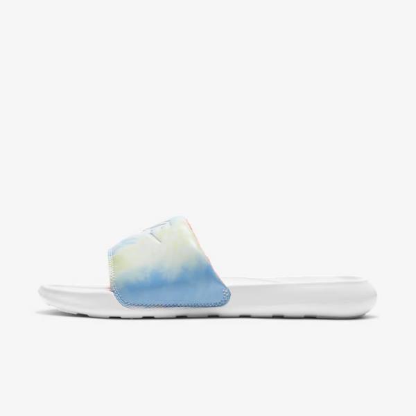 Women\'s Nike Victori One Print Slides White / Light Mango / Blue / White | NK401QTN