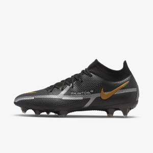 Men's Nike Phantom GT2 Dynamic Fit Elite FG Firm-Ground Football Shoes Black / Metal Gold / Metal Silver / Metal Dark Grey | NK628ABS