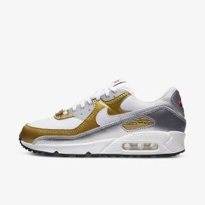 Women's Nike Air Max 90 SE Sneakers White / Metal Gold / Metal Silver / White | NK750MKS