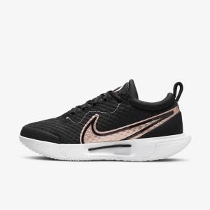 Women's Nike NikeCourt Zoom Pro Hard Court Tennis Shoes Black / White / Metal Red Brown | NK783HJX