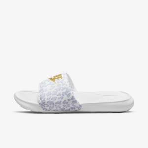 Women's Nike Victori One Print Slides White / Grey / Platinum / Metal Gold | NK730YPZ